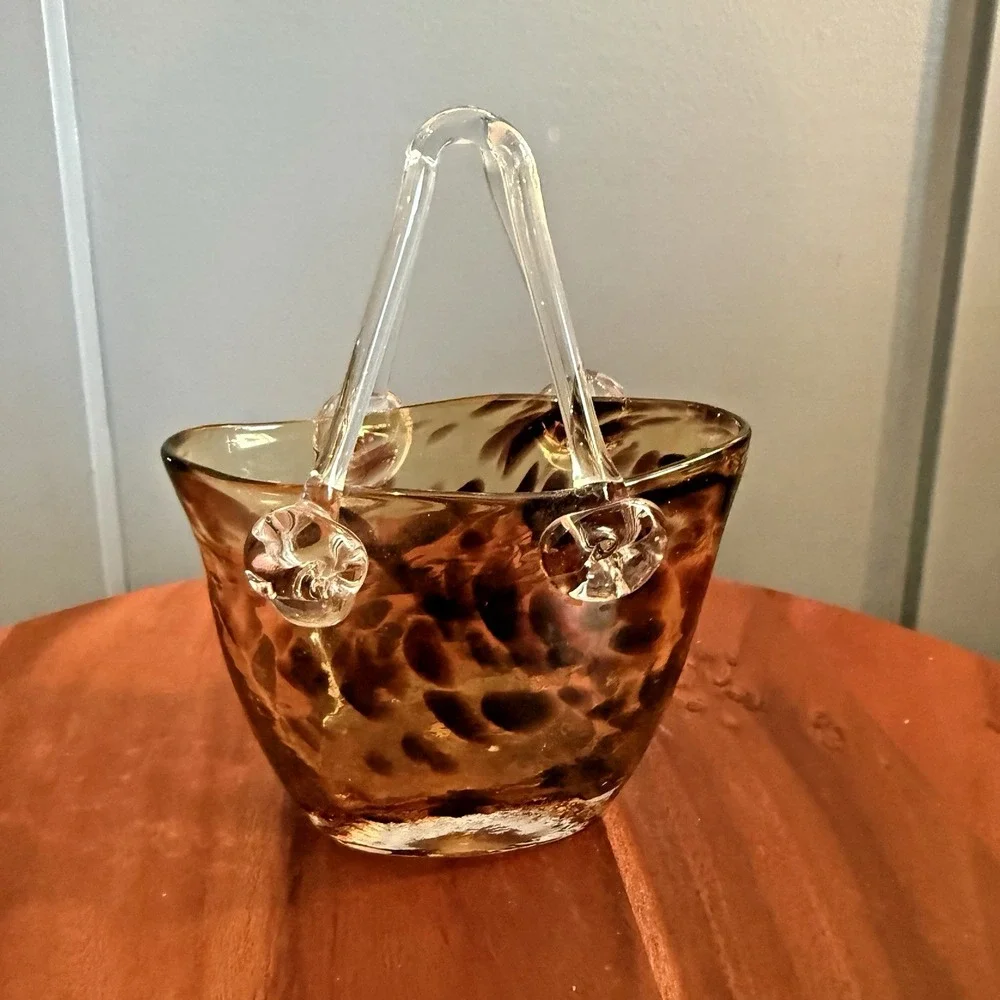 Murano Style Art Glass Purse Vase Amber Tortoiseshell Handbag Vase Decor